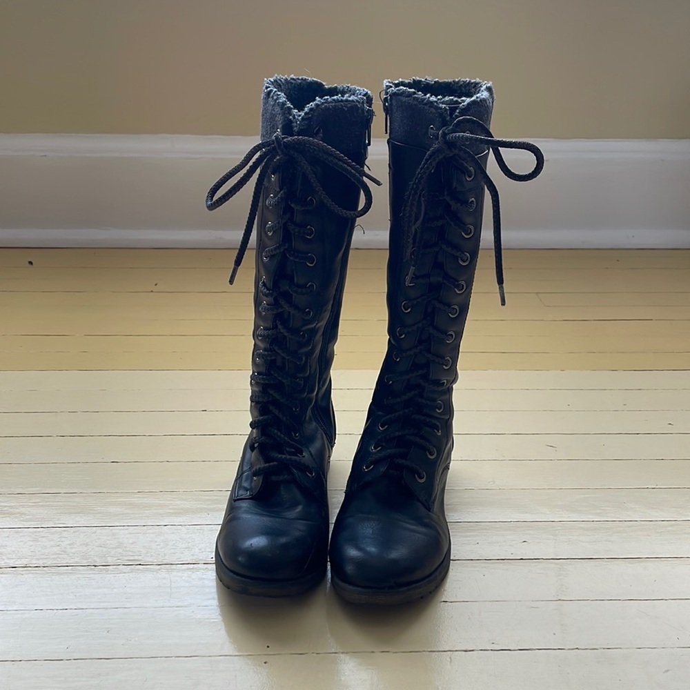Black Leather Lace-Up Combat Boots